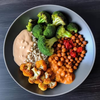 Healthy vegetarian lunch bowl with broccoli, chickpeas, and rice (ID: 001603)