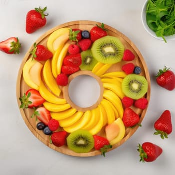 Fruit salad in a round wooden plate - top view, flat lay (ID: 001608)