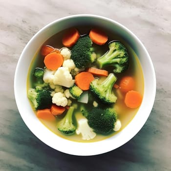 Vegetable soup with cauliflower, carrots, and broccoli in a bowl (ID: 001615)