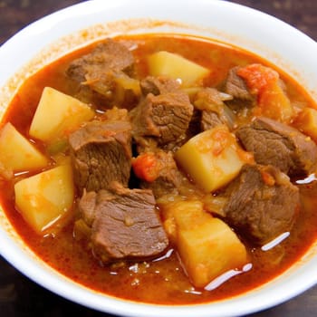 Beef goulash with potatoes in a bowl on wooden table (ID: 001616)