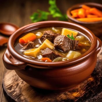 Beef stew with carrot and potato in clay pot on wooden background (ID: 001617)