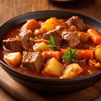 Beef stew with carrot and potato in a bowl on wooden background (ID: 001618)
