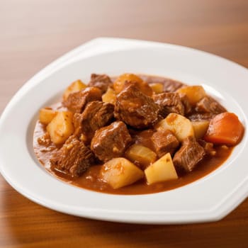 Beef goulash with potatoes and carrots in a white plate (ID: 001619)