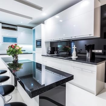 Interior of modern kitchen with black granite countertop and black chairs (ID: 001626)
