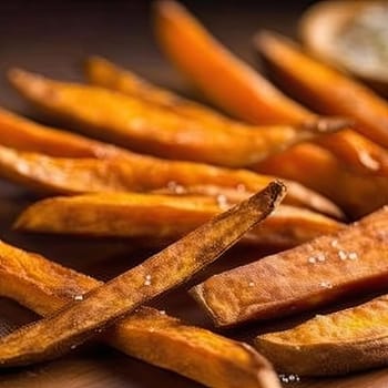 Fried sweet potato wedges on wooden board, selective focus (ID: 001643)