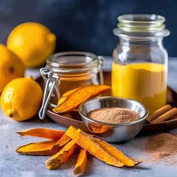 Baked sweet potato slices and spices on a gray background (ID: 001644)