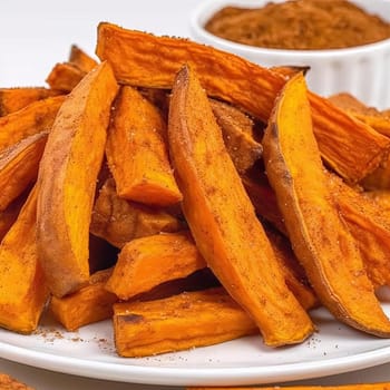 Baked sweet potato slices on a white plate with spices (ID: 001645)