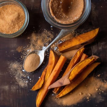 Slices of sweet potato with spices on a wooden table (ID: 001646)