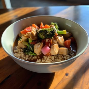 Chicken with rice and vegetables in a bowl on the wooden table (ID: 001647)