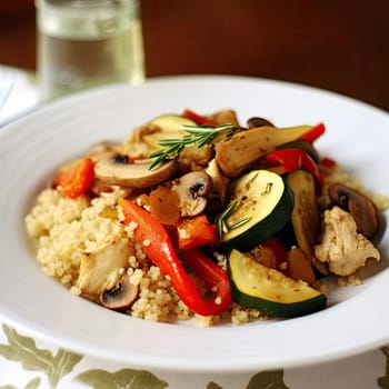 Couscous with vegetables and chicken on a white plate (ID: 001648)