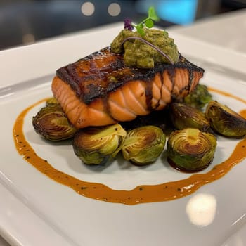 Salmon steak with brussels sprouts on a white plate (ID: 001652)