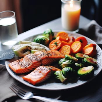 Fried salmon fillet with brussels sprouts and carrots - selective focus (ID: 001653)