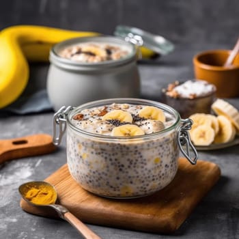 Chia seed pudding with banana in glass jar (ID: 001654)