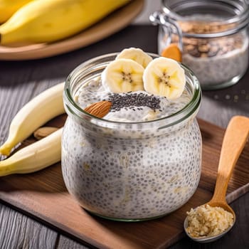 Chia seed pudding with banana in a glass jar (ID: 001655)
