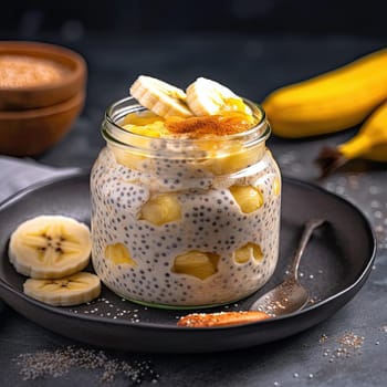 Chia seed pudding with banana in a glass jar (ID: 001657)