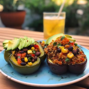 Baked eggplant stuffed with quinoa, corn, avocado, and beans (ID: 001660)