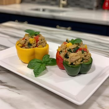 Stuffed peppers with couscous and vegetables on a white plate (ID: 001661)