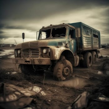 Old truck in the mud - photo in old color image style (ID: 001667)