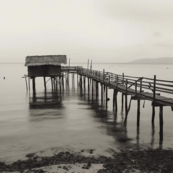 Old wooden pier in the sea - black and white (ID: 001671)