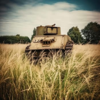 Vintage photo of old tank on the field (ID: 001680)