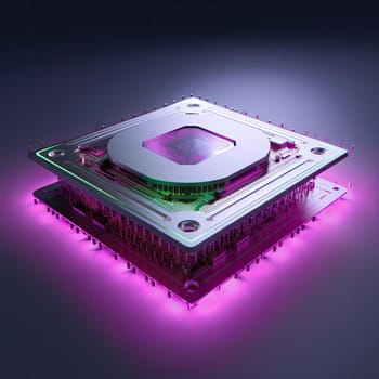 A processor (CPU) in neon light on dark background (ID: 001682)