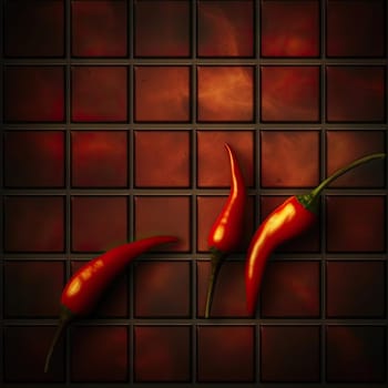 Red hot chili peppers on a dark background with a grunge texture (ID: 001713)