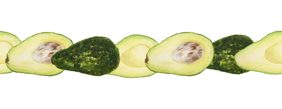 Seamless border of avocado with leaves and flowers watercolor hand drawn realistic illustration. Green and fresh art of salad, sauce, guacamole, smoothie ingredient. For textile, menu, cards, paper, package design