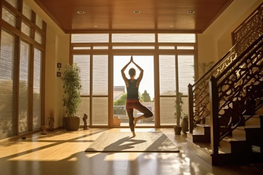 Young woman practicing yoga at home keeping balance, AI Generative