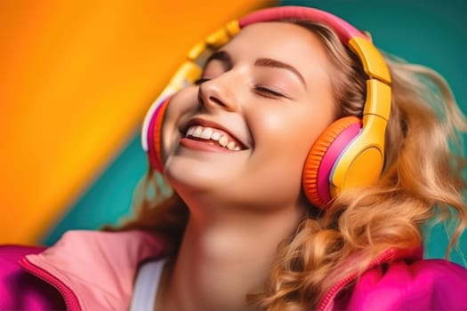 closeup of happy young woman wearing headphones enjoying music and dancing, AI Generative