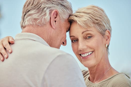 Senior couple, smile and dance with marriage, commitment and strong relationship, hug and face with romance outdoor. Mature, man and woman with love, happiness and trust with support in retirement