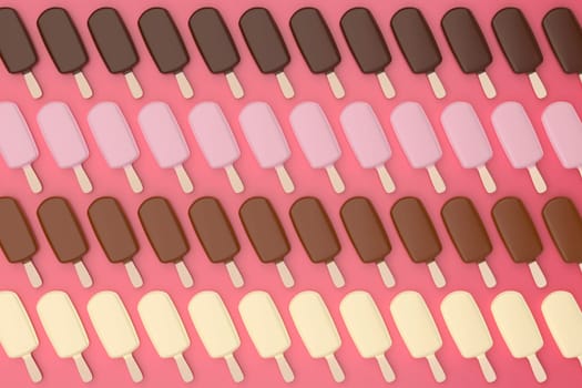 Many rows with different chocolate ice creams, top view