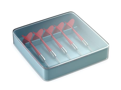 Transparent plastic box with five red darts on white background