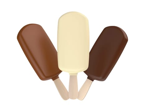 White, milk and dark chocolate coated ice creams on white background
