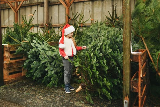 A girl chooses a christmas tree at a shop