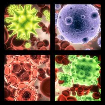 Virus, bacteria and molecule structure of disease closeup in series for medical investigation or research. Covid, particle and healthcare with a microscope view of living cell samples for biology.