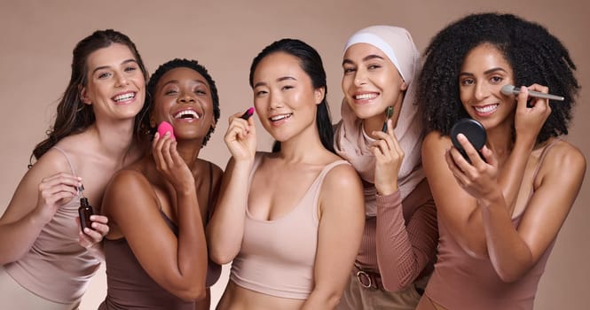 Women group, makeup studio or diversity portrait for skincare, beauty or smile for happiness. Happy cosmetic teamwork, multicultural model team or face glow aesthetic for support, solidarity or unity.