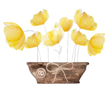 Watercolor spring summer flowers blossom in rustic garden pot. Tender yellow floral bouquet for decoration and postcard design