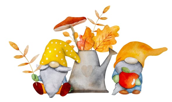 Cute gnome dwarfs with mushrooms and orange leaves harvest at autumn season watercolor illustration. Aquarelle cartoon elfs with apple