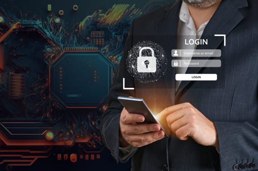 Businessman login using his smartphone. Using mobile phone to type user and passwords for login. Concept of Cyber security for internet access to financial applications