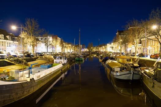 Groningen, Netherlands night Cityscape photographed at night. Groningen during a clear evening in autumn, summer. City centre of Groningen Netherlands at night