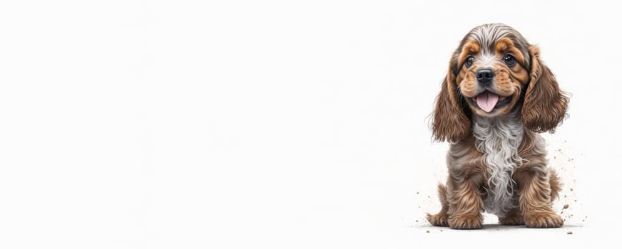 Banner of cute happy cocker spaniel puppy on white background. Space for text. Copy Space. Generative Ai