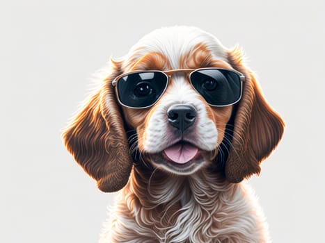Cute happy cocker spaniel puppy wearing sunglasses on white background. Generative Ai