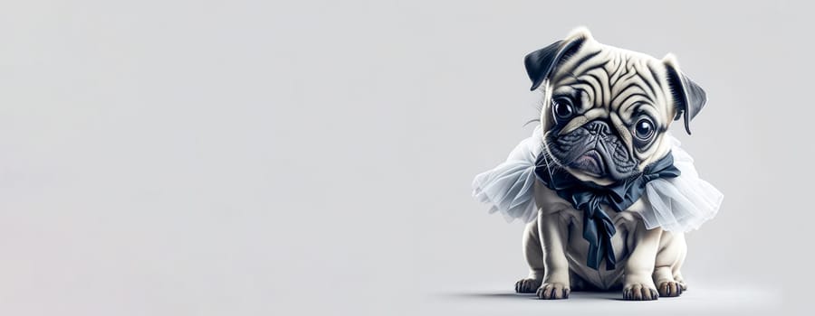 Cute funny pug puppy wearing blue dress on white background. Generative Ai