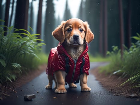 Cute dog golden retriever wearing red rain jacket hiking in the forest. Dog vacation relax concept. Generative Ai