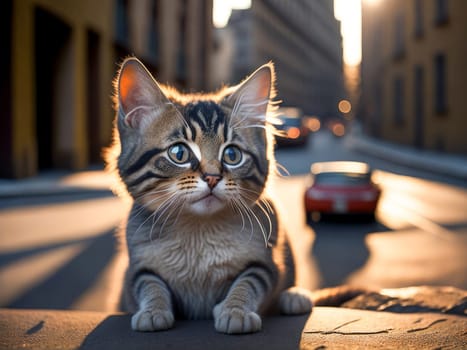 Cute fluffy tabby kitten portrait on city on background. Street cat, vacation relax concept. Generative Ai