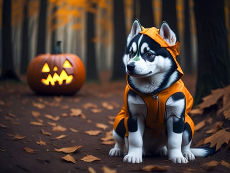 Cute husky puppy wearing halloween costume autumn forest on background. Halloween costume. Dog vacation relax concept. Generative Ai
