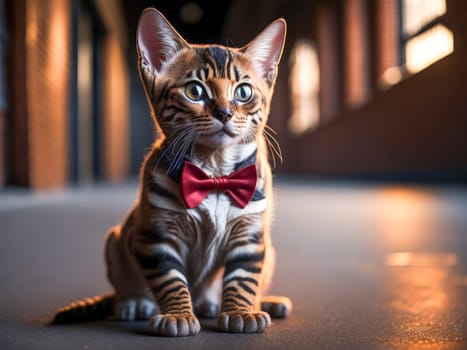 Cute bengal kitten portrait wearing red bow tie on city on background. Street cat, vacation relax concept. Generative Ai