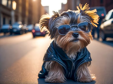Cute dog york terrier breed wearing leather jacket and sunglasses city on background. Dog vacation relax concept. Generative Ai