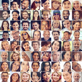 Diversity, large group and people with happiness, confident and different races with joy, cheerful and excitement. Portrait, faces and happy human beings with collage, smile and charming with beauty.