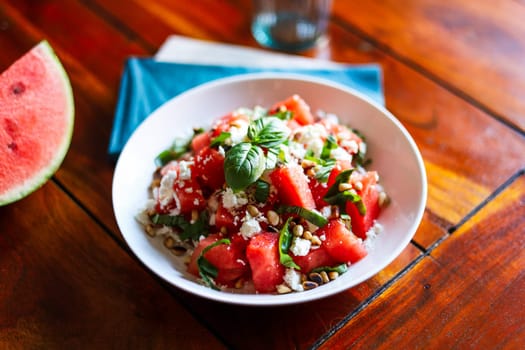 Summer melon feta salad with basil. High quality photo